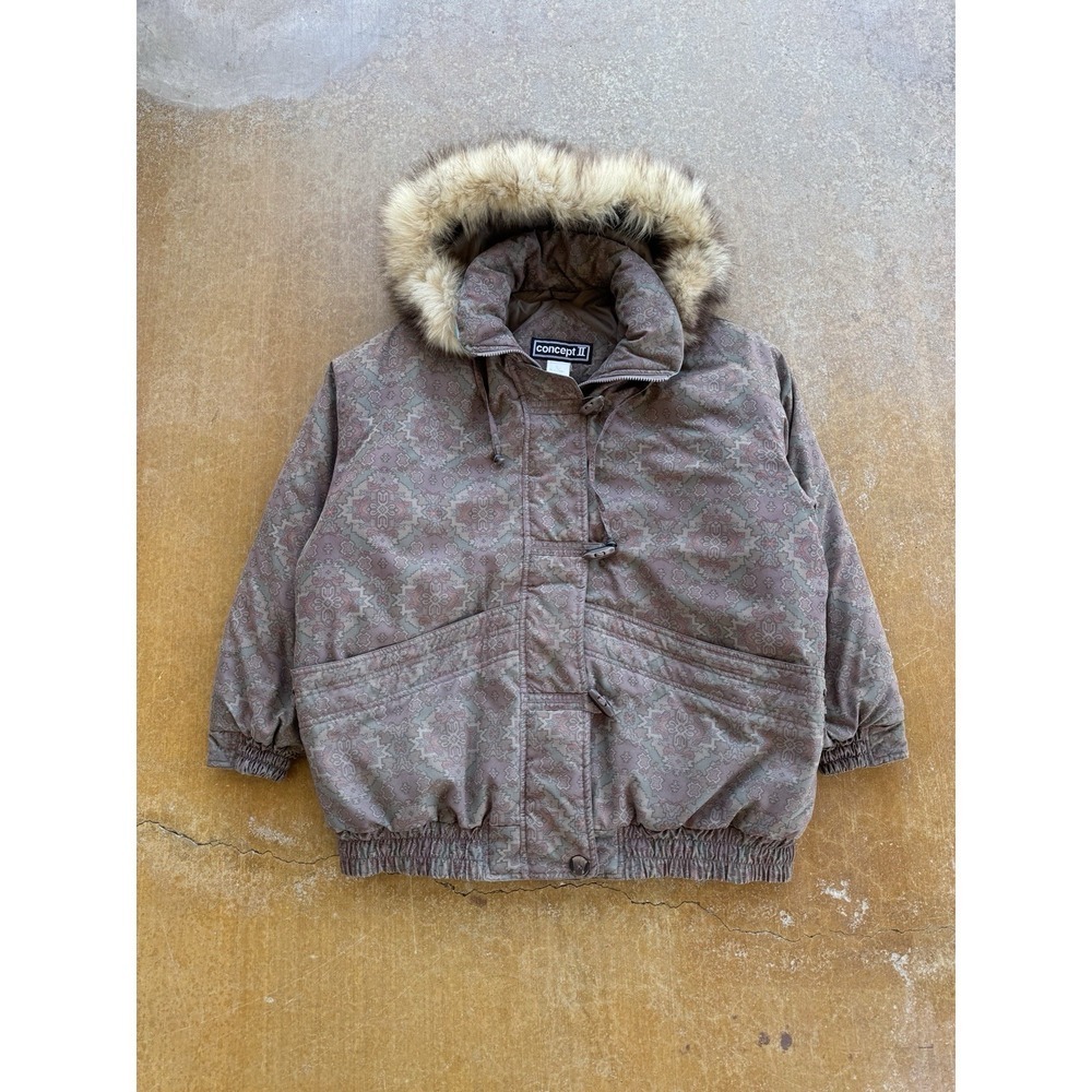 VTG 80s Concept II Puffer Aztec Western Zip Up Faux Fur Hooded Jacket Womens L
